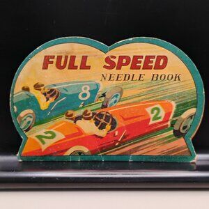 vintage needle book with fun art work Full Speed brand undated circa 1940s - 50s